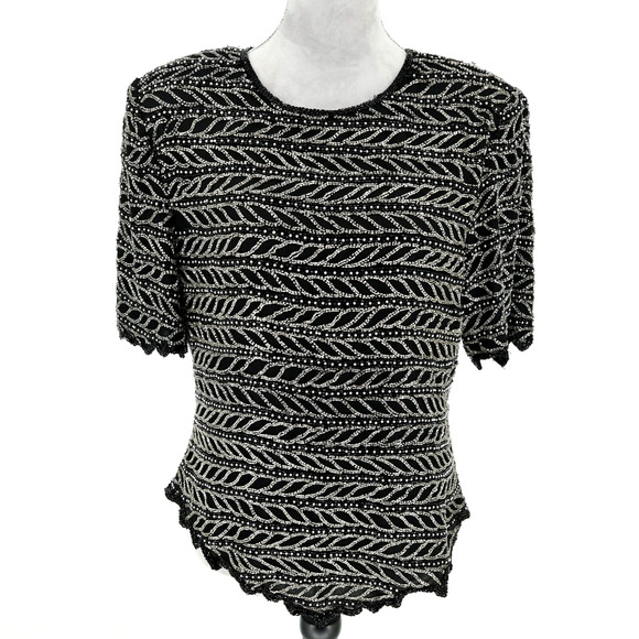 Laurence Kazar Top Plus Size 2X XXL Black Silk Blouse Silver Beads Vintage - Picture 1 of 13